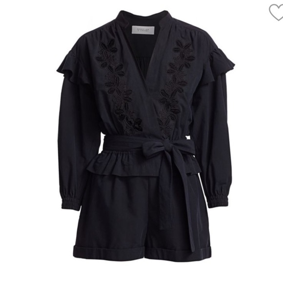 DEREK LAM 10 CROSBY- Floral Embroidery Black Long Sleeve Wrap Romper - Picture 2 of 16